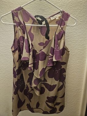 LOFT Beige and Purple Floral Ruffle Sleeveless Blouse